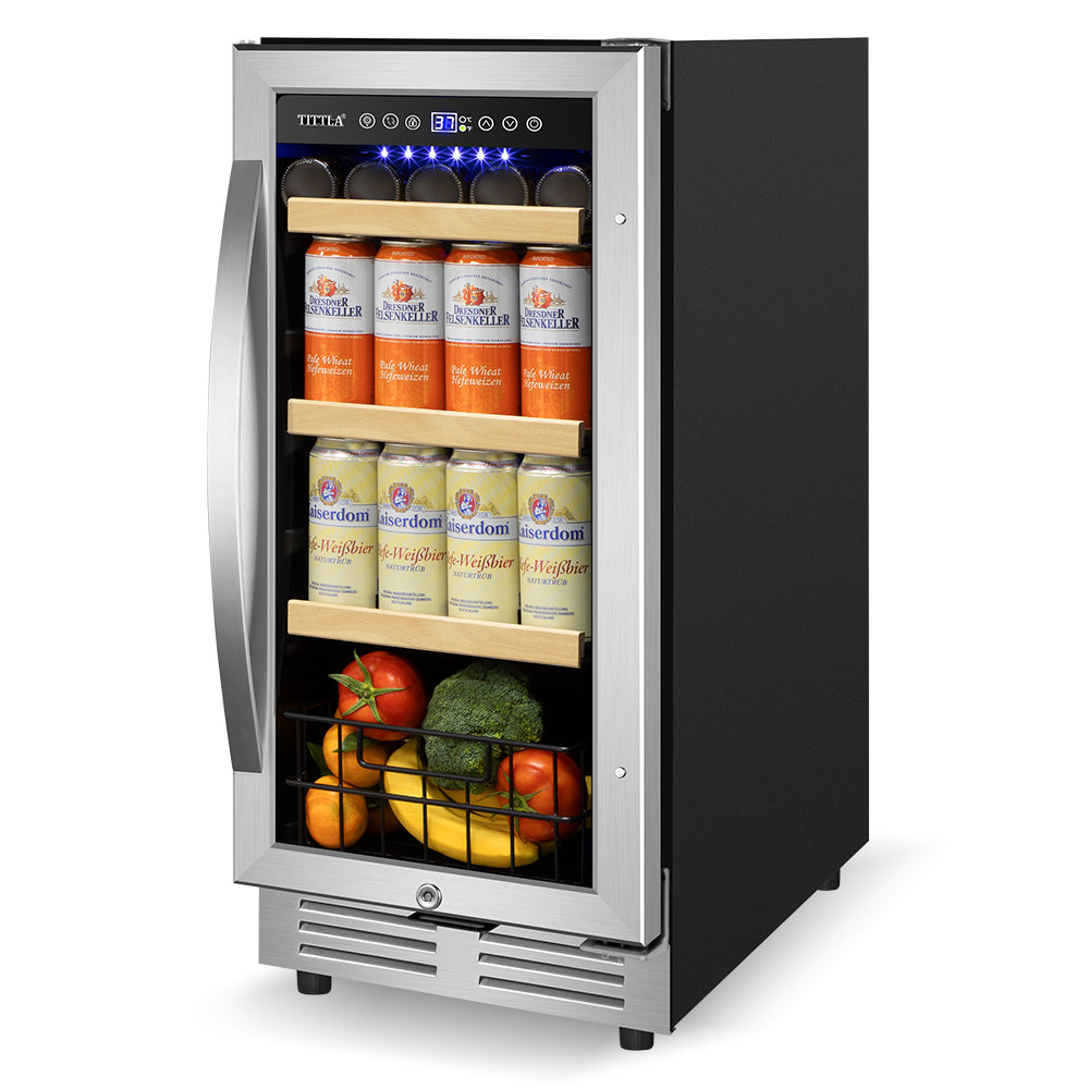 15" Beverage Refrigerator 130 Can Built-In Beer Cooler with Double Handles and Reversible Hinges, Bottom Basket