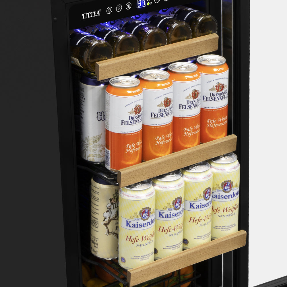 15" Beverage Refrigerator 130 Can Built-In Beer Cooler with Double Handles and Reversible Hinges, Bottom Basket