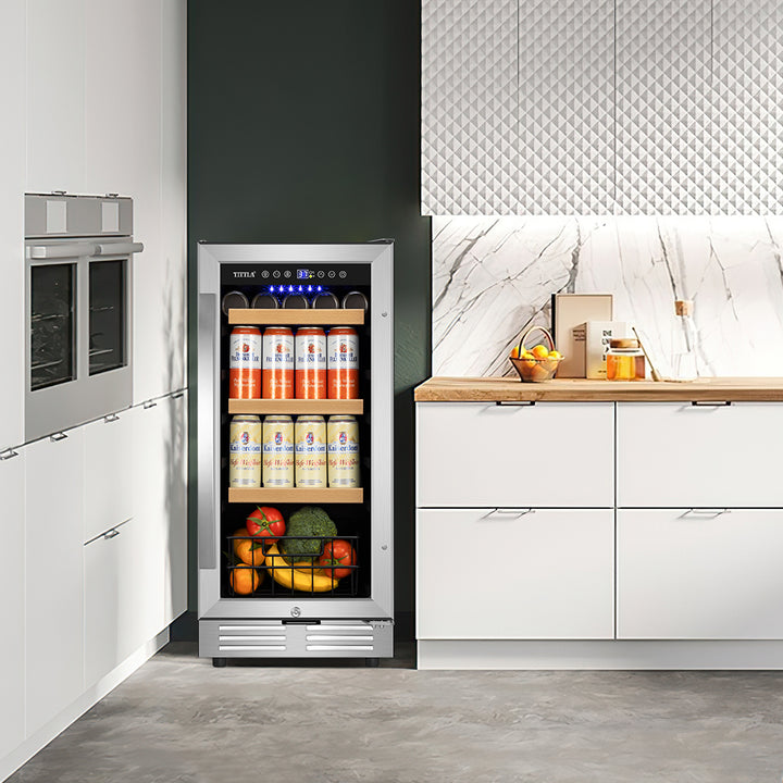 15" Beverage Refrigerator 130 Can Built-In Beer Cooler with Double Handles and Reversible Hinges, Bottom Basket.