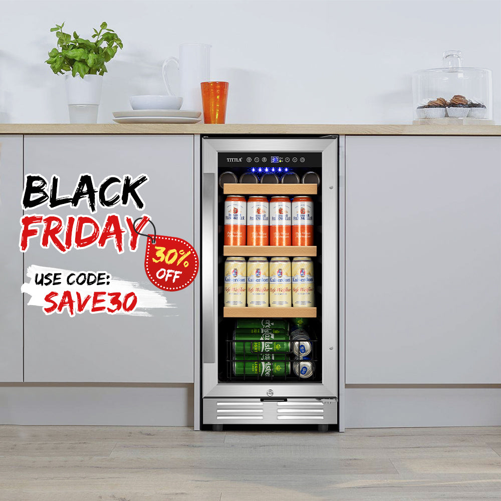 15" Beverage Refrigerator 130 Can Built-In Beer Cooler with Double Handles and Reversible Hinges, Bottom Basket