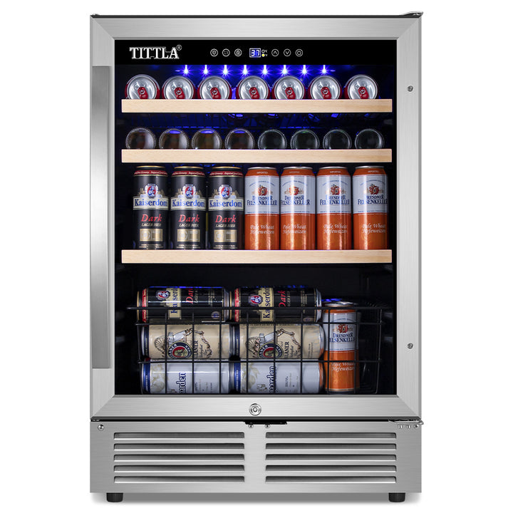 24'' Single Zone 150-Can Capacity Reversible Door Hinged Beverage Refrigerator with Bottom Basket and Stainless Steel Finish.