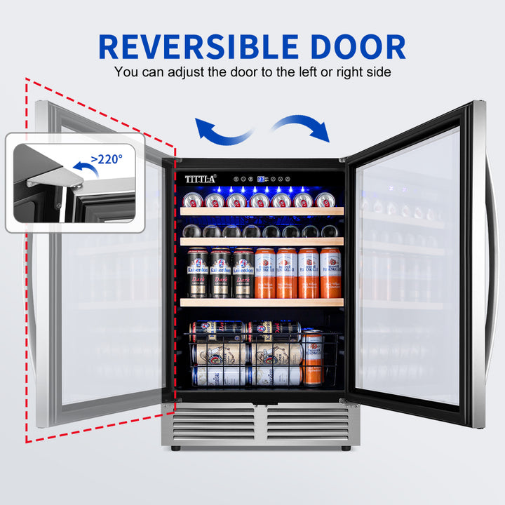 24'' Single Zone 150-Can Capacity Reversible Door Hinged Beverage Refrigerator with Bottom Basket and Stainless Steel Finish.