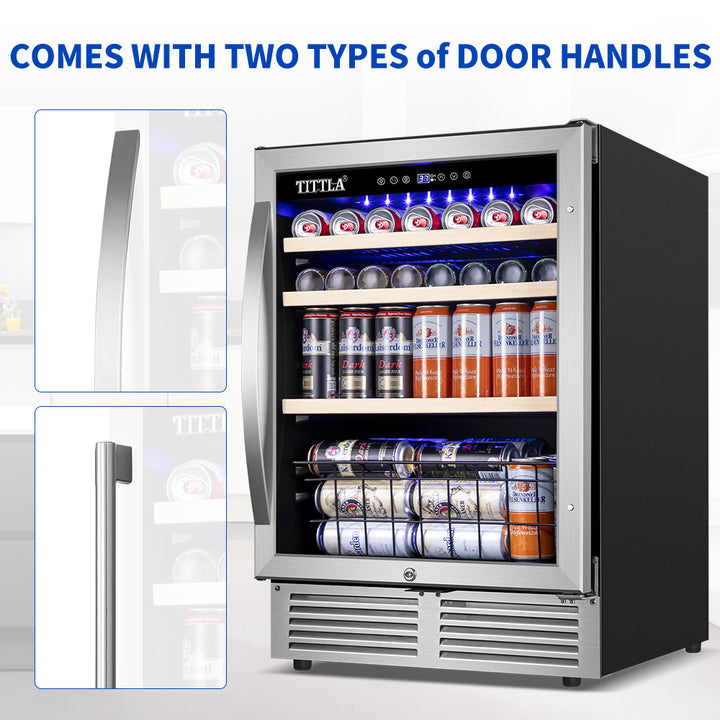 24'' Single Zone 150-Can Capacity Reversible Door Hinged Beverage Refrigerator with Bottom Basket and Stainless Steel Finish.