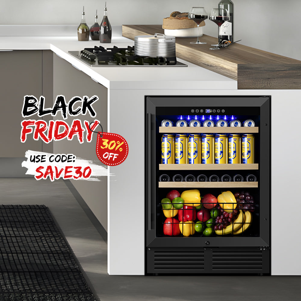 24” Black Classic Undercounter 160-Can Beer and Beverage Refrigerator with Metal Basket, Reversible Glass Door