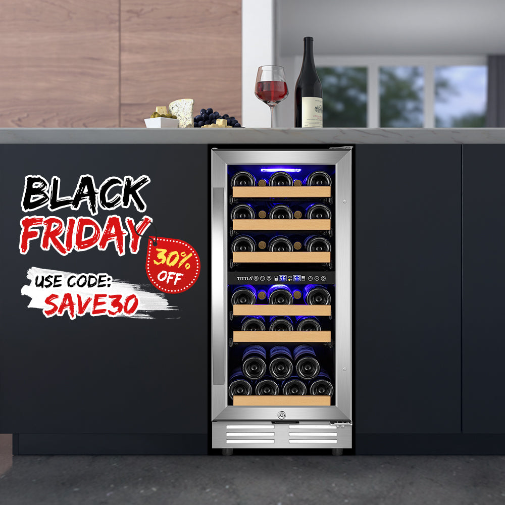 15" 30-Bottle Dual Zone Wine Cooler with Two Handles and Reversible Hinge