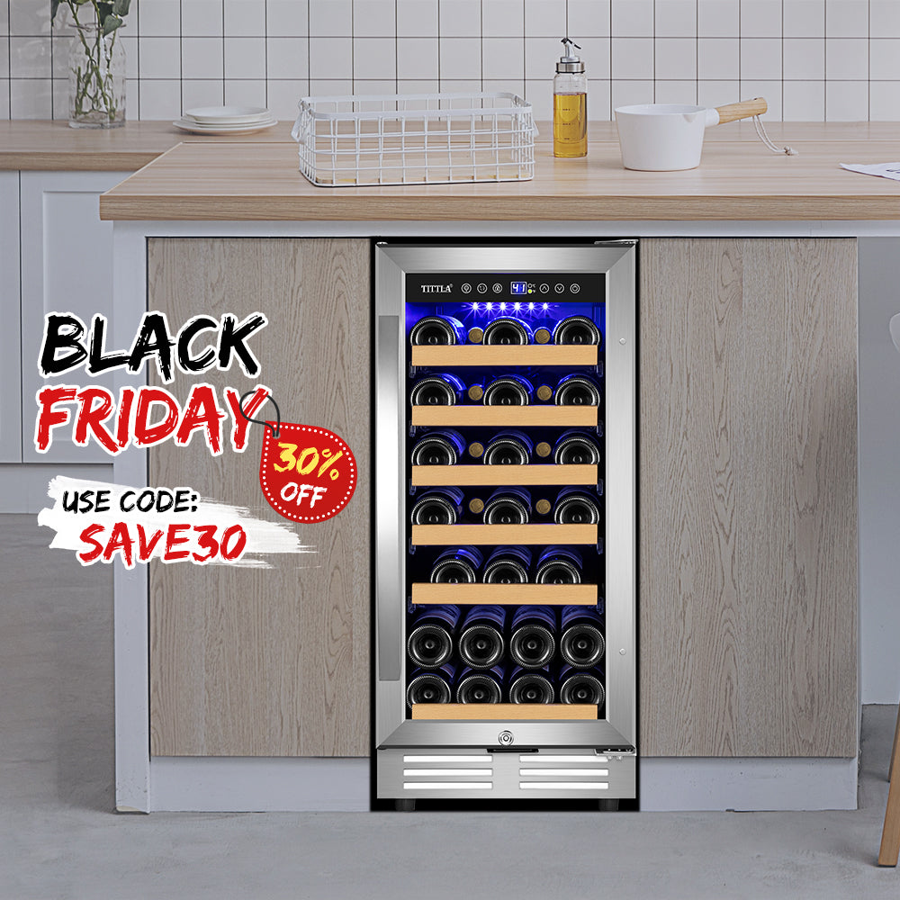 15" 30-Bottle Built-In, Single-Zone Wine Cooler with Two Handles and Reversible Hinges