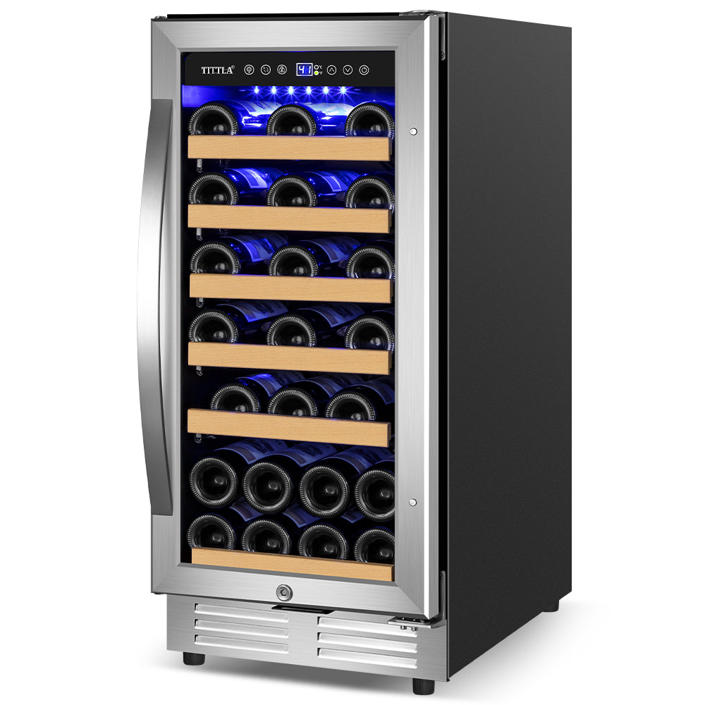 15" 30 Bottle Built-In Single Zone Wine Cooler with Double Handles and Reversible Hinges