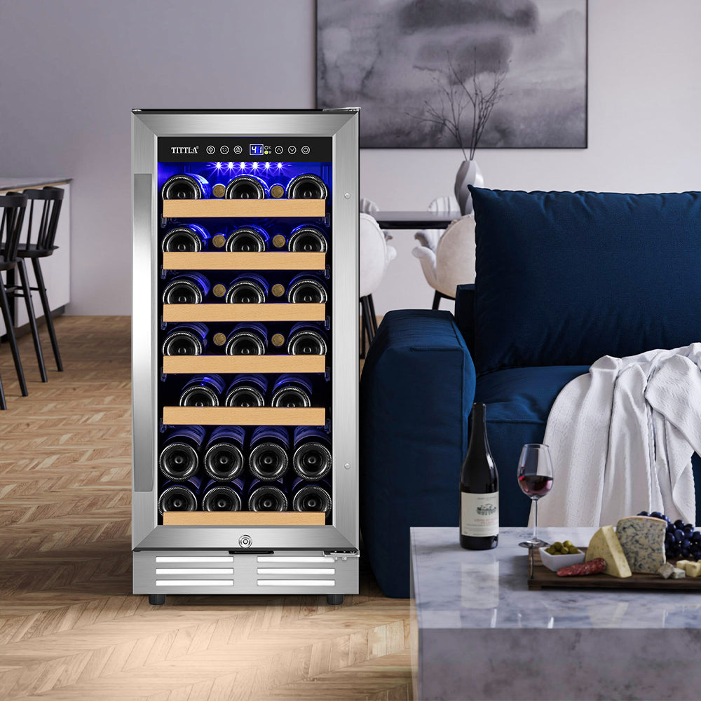 15" 30 Bottle Built-In Single Zone Wine Cooler with Double Handles and Reversible Hinges