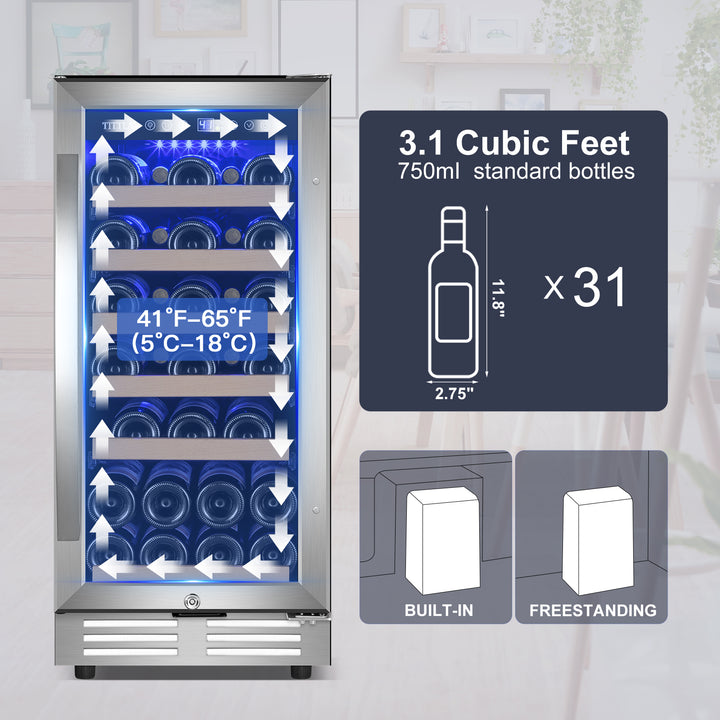 Tittla 15 inch Wine Refrigerators,30 Bottle Freestanding & Built-in Wine Cooler- Wine Fridge for Home Bar, Apartment - Tylza
