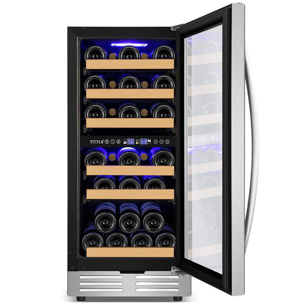 15" 30 Bottle Dual Zone Wine Cooler with Two Handle and Reversible Hinge