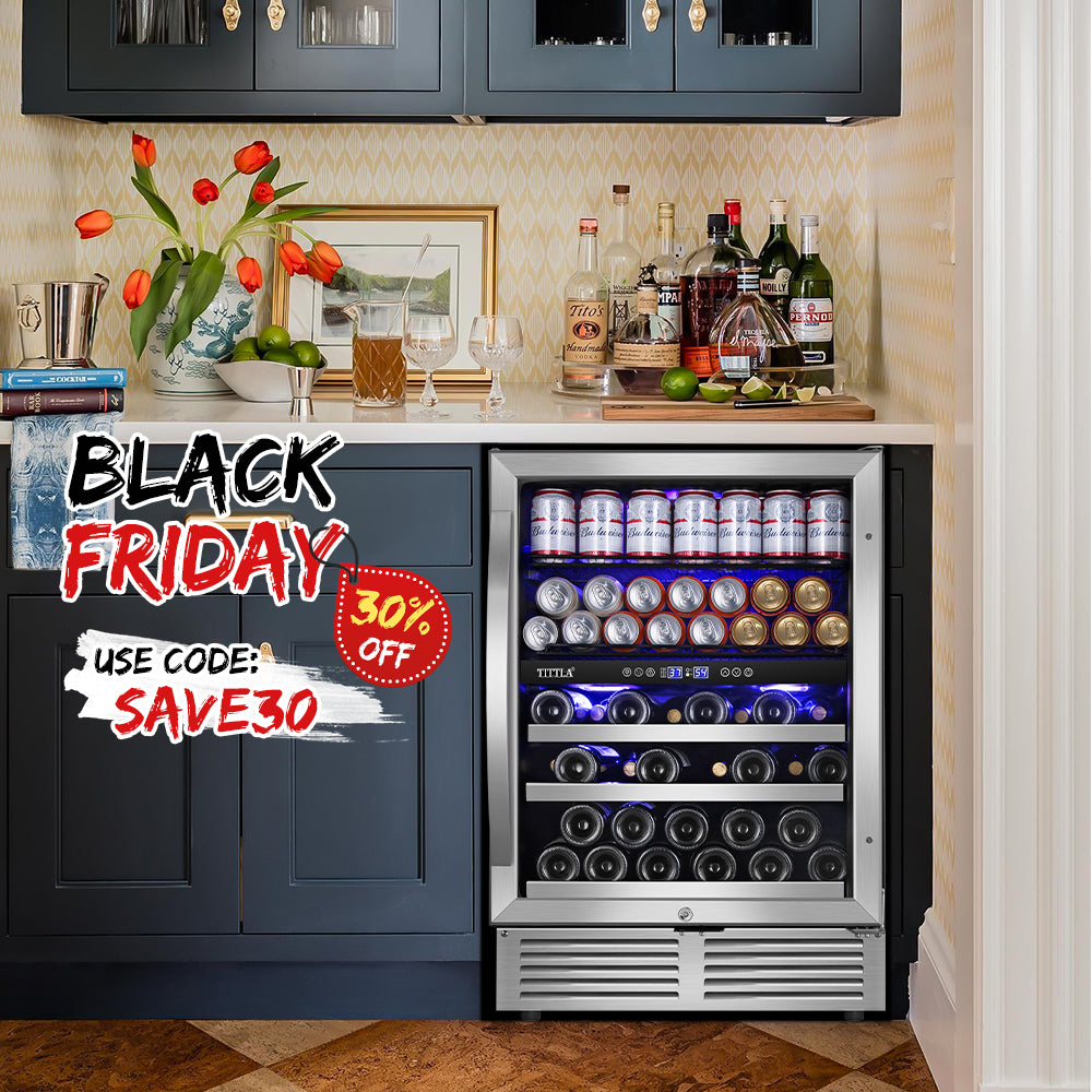 24" 27-Bottle Capacity 94-Can Dual Zone Reversible Door Hinged Wine and Beverage Cooler with Interior Blue LED Lights