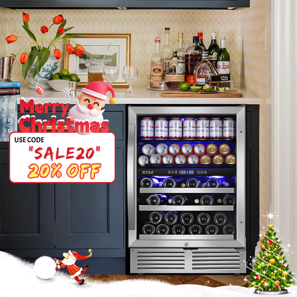 24" 27-Bottle Capacity 94-Can Dual Zone Reversible Door Hinged Wine and Beverage Cooler with Interior Blue LED Lights