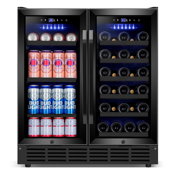 30 in. Dual Zone 80-Cans Beverage and 28-Bottles Wine Cooler Frost Free, Tempered Glass Door in Black