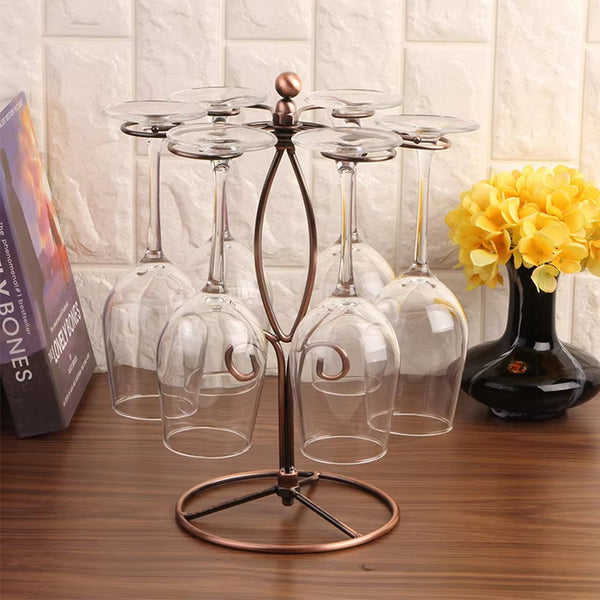 360°Rotating Wine Glass Rack – Metal Tabletop Stemware Holder for 6 Glasses, Elegant Bronze Finish