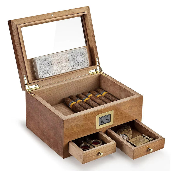 Free Humidor for Cigars (with Hygrometer) with 2 Drawers