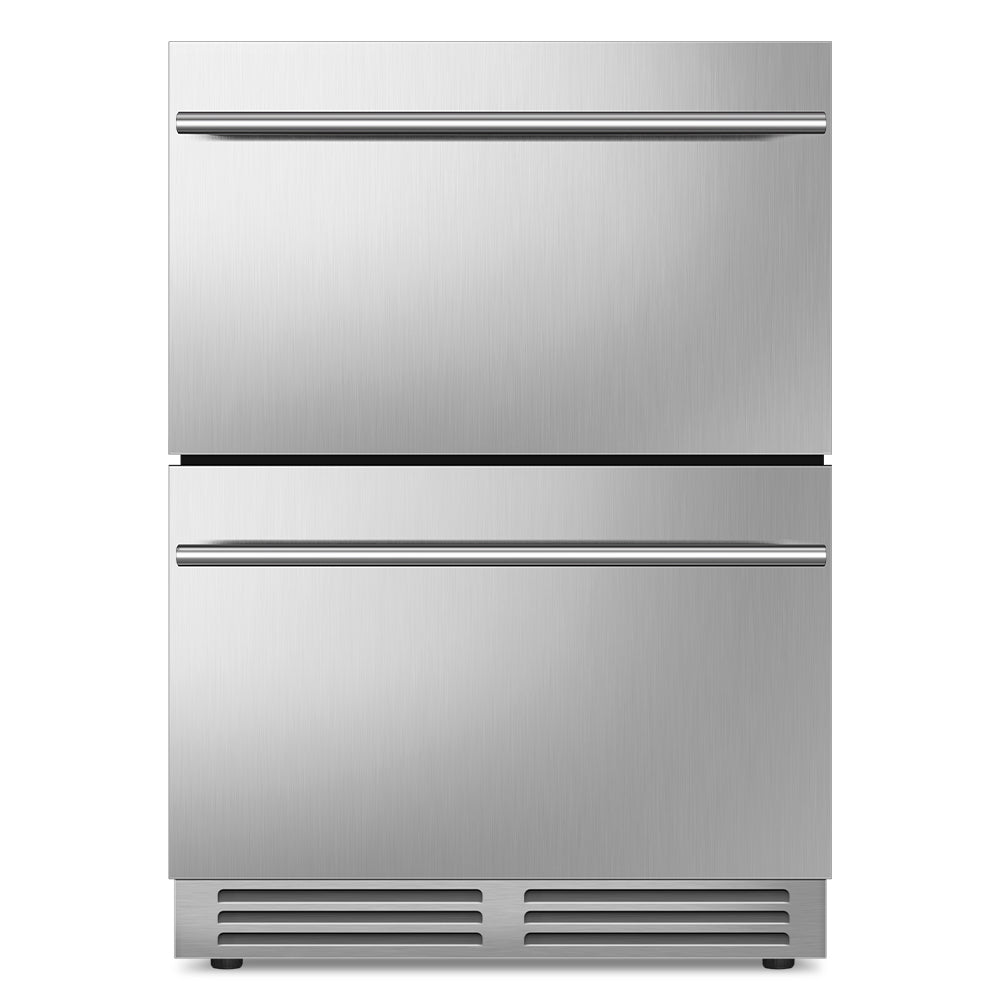 24" Undercounter Drawer Refrigerator - 133-Can Capacity, Blue LED Lighting, Includes 2 Adjustable Grid Organizer Shelves.