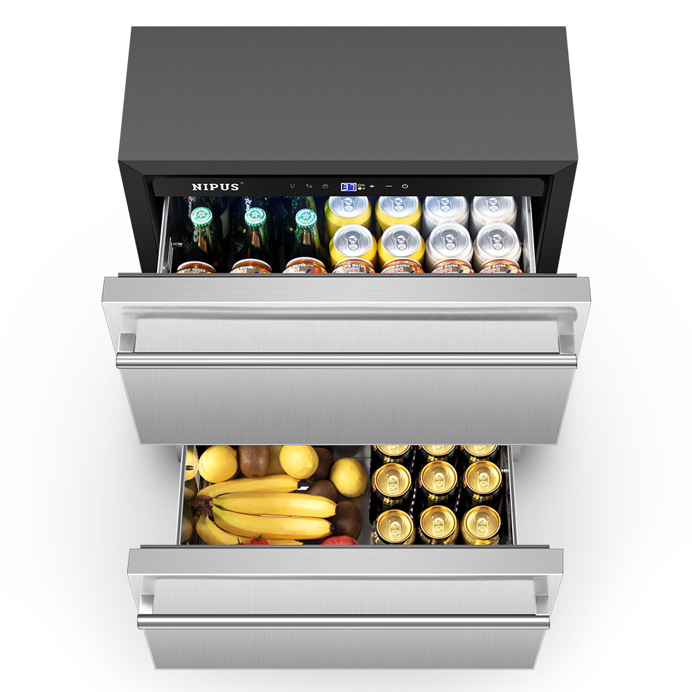 24" Undercounter Drawer Refrigerator - 133-Can Capacity, Blue LED Lighting, Includes 2 Adjustable Grid Organizer Shelves.