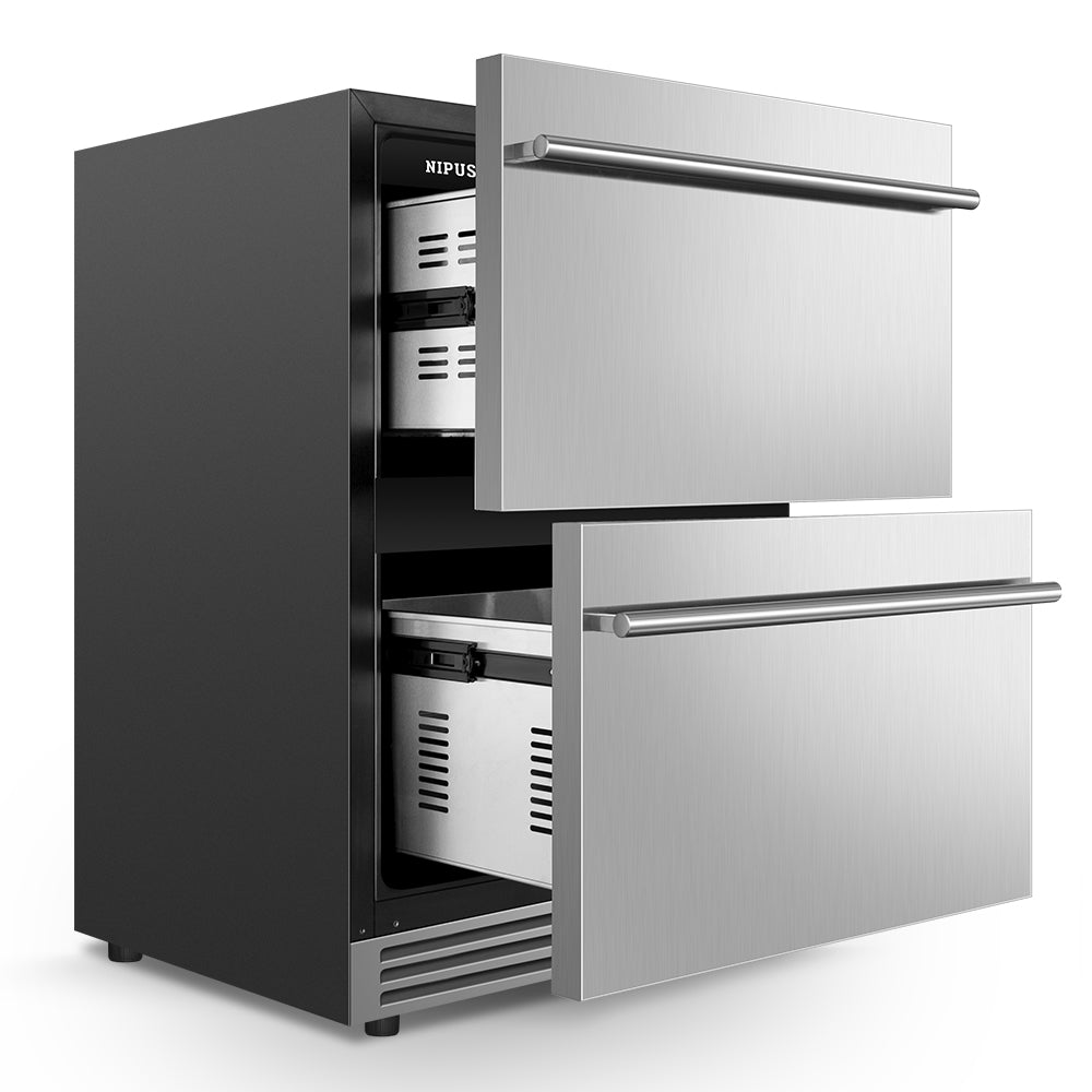 24" Undercounter Drawer Refrigerator - 133-Can Capacity, Blue LED Lighting, Includes 2 Adjustable Grid Organizer Shelves.