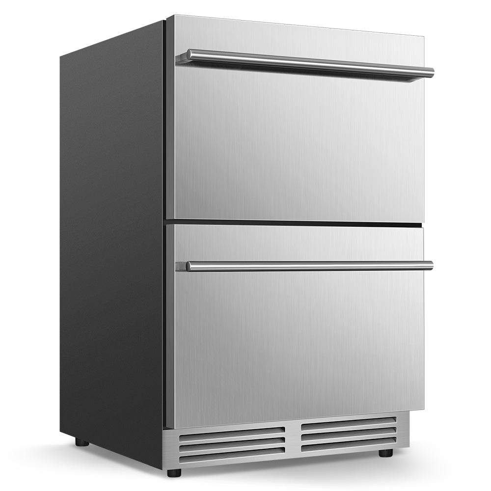 24" Undercounter Drawer Refrigerator - 133-Can Capacity, Blue LED Lighting, Includes 2 Adjustable Grid Organizer Shelves.
