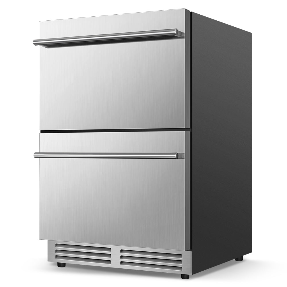 24" Undercounter Drawer Refrigerator - 133-Can Capacity, Blue LED Lighting, Includes 2 Adjustable Grid Organizer Shelves.