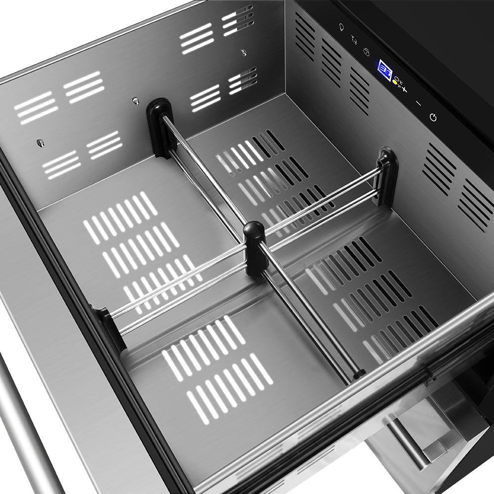 24" Undercounter Drawer Refrigerator - 133-Can Capacity, Blue LED Lighting, Includes 2 Adjustable Grid Organizer Shelves.