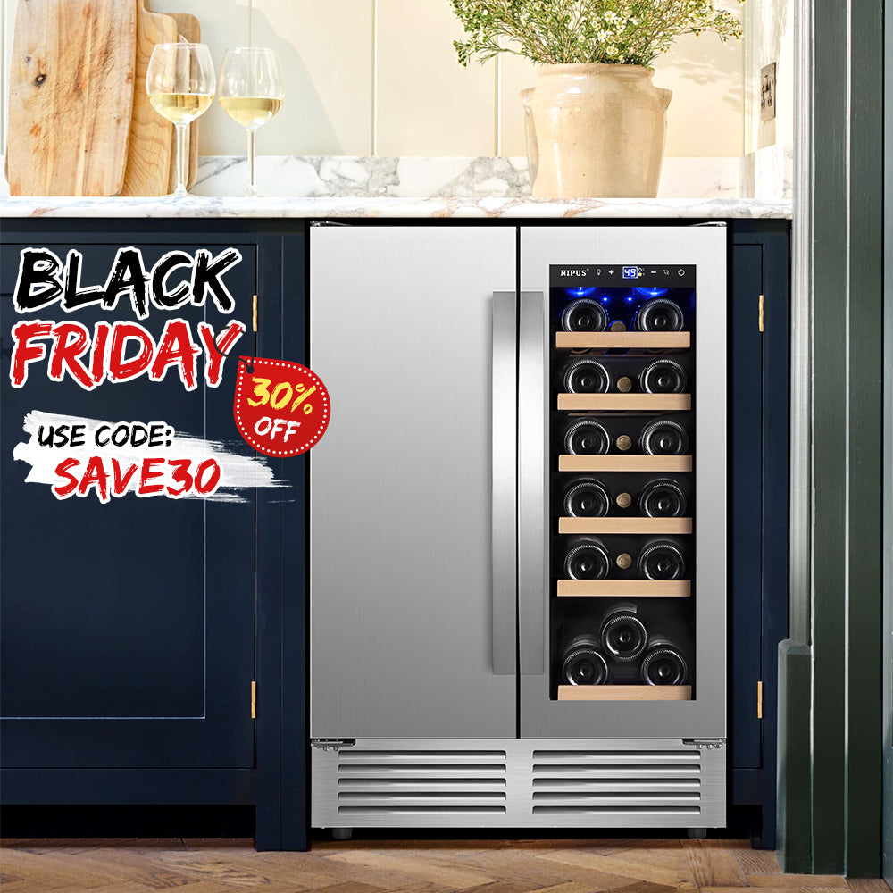 24" Dual Zone Built-In and Freestanding French Door 18-Bottle Capacity and 57-Can Capacity Wine and Beverage Cooler