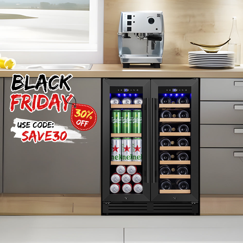 24'' Undercounter Dual Zone Wine and Beverage Refrigerator 20-Bottle & 60-Can, Built-In or Freestanding, Black Classic Beverage Wine Cooler