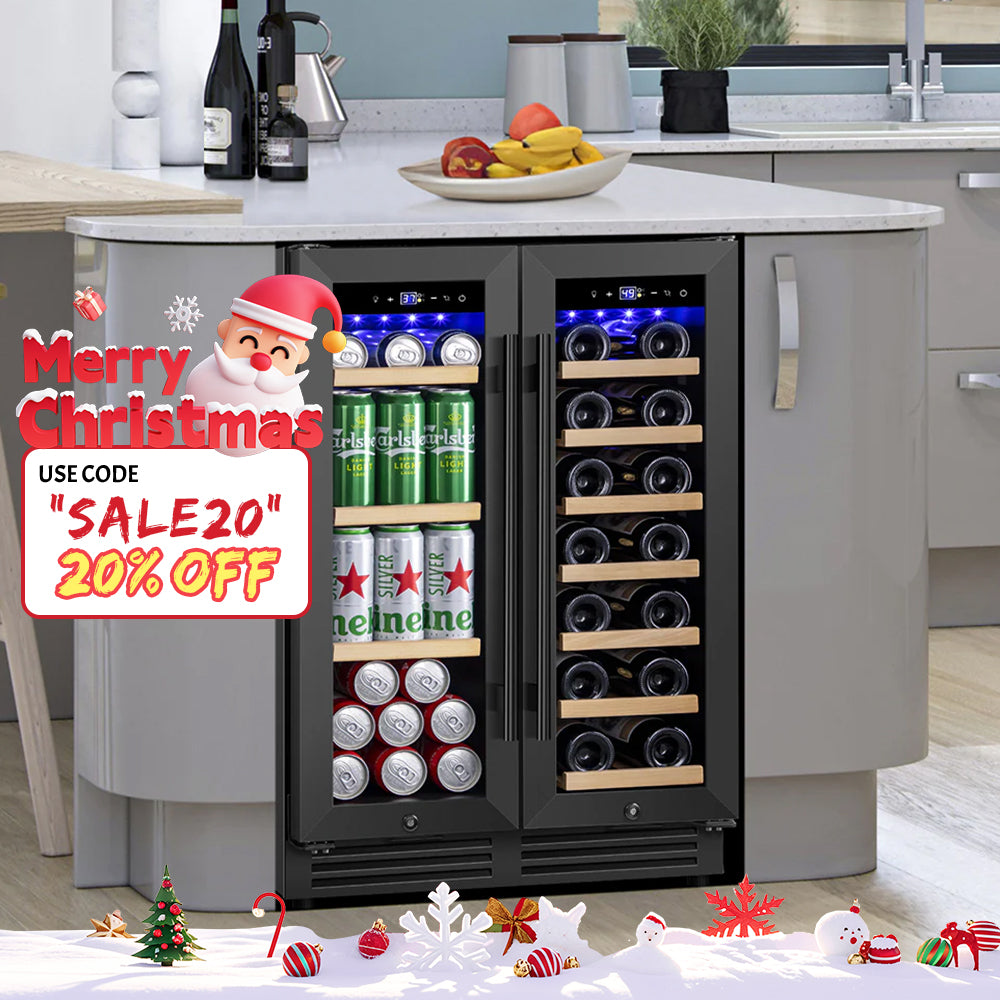 24'' Undercounter Dual Zone Wine and Beverage Refrigerator 20-Bottle & 60-Can, Built-In or Freestanding, Black Classic Beverage Wine Cooler