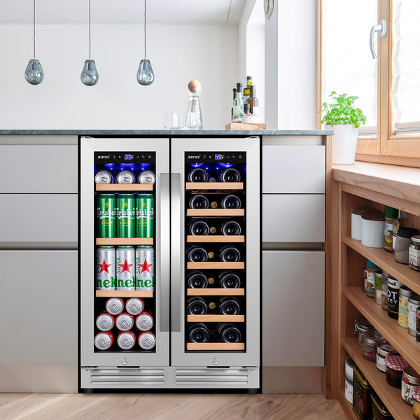 Nipus 24 Inch Dual Zone Wine and Beverage Refrigerator,Clear Glass Door,21 Bottle and 60 Can,Undercounter Beer Cooler,Silver - Tylza