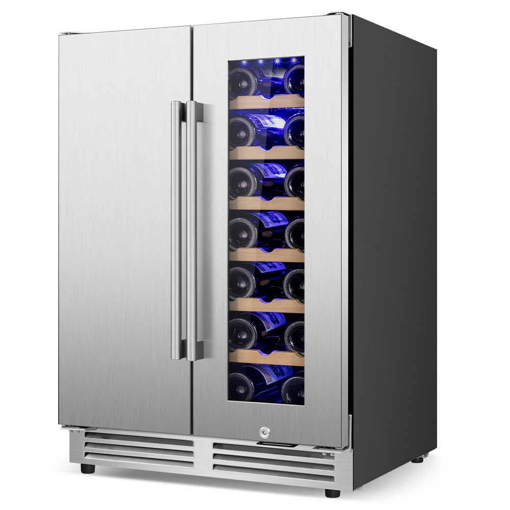 24" Seamless French Door Dual Zone Wine and Beverage Refrigerator 20 Bottle and 57 Can Built-in/Freestanding