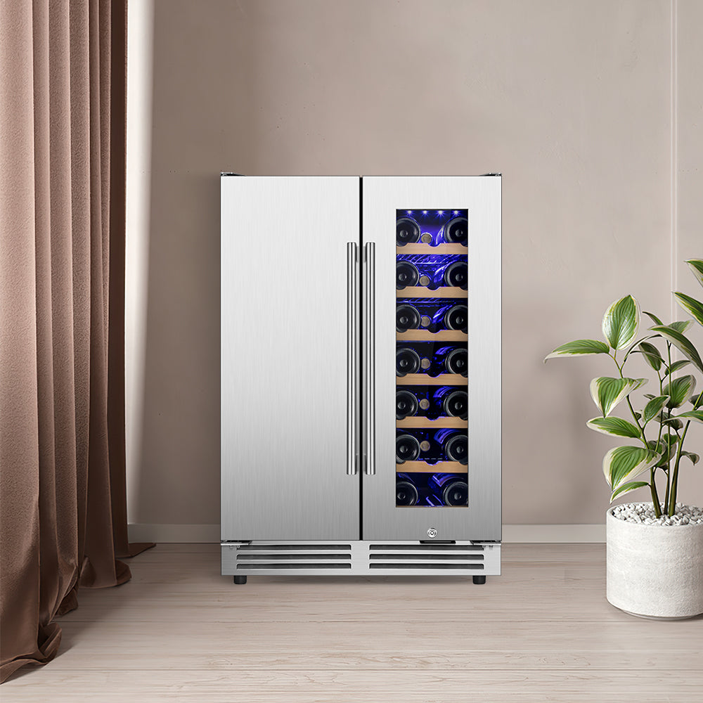 24" Seamless French Door Dual Zone Wine and Beverage Refrigerator 20 Bottle and 57 Can Built-in/Freestanding