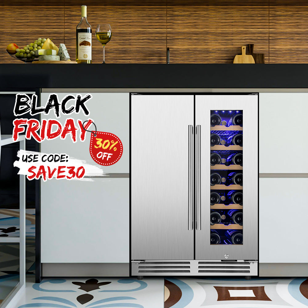 24" Seamless French Door Dual Zone Wine and Beverage Refrigerator 20-Bottle Capacity and 57-Can Capacity Built-In or Freestanding