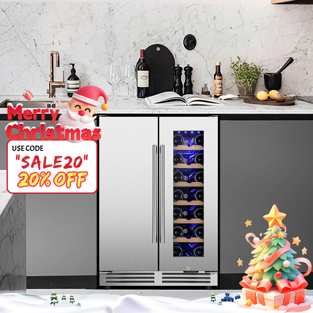 24" Seamless French Door Dual Zone Wine and Beverage Refrigerator 20-Bottle Capacity and 57-Can Capacity Built-In or Freestanding