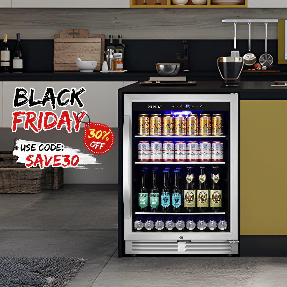 24" Beverage Refrigerator 190-Can Capacity Single Zone Built-In or Freestanding with Blue LED Light