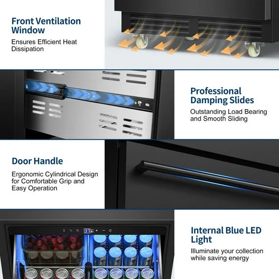 Nipus 24 Inch Double Drawer Beverage Refrigerator,180 Cans,Wine Beer Cooler Under Counter,2 Grid Organizer,for Indoor or Outdoor,Black - Tylza