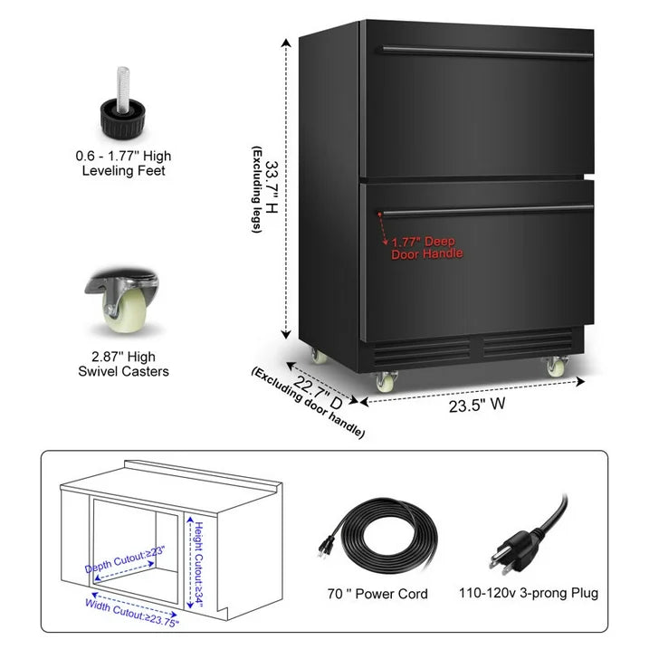 Nipus 24 Inch Double Drawer Beverage Refrigerator,180 Cans,Wine Beer Cooler Under Counter,2 Grid Organizer,for Indoor or Outdoor,Black - Tylza